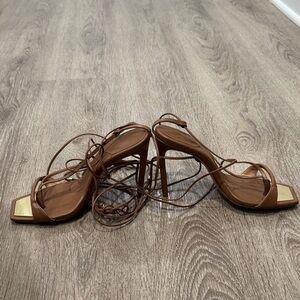 SCHUTZ Brown Strappy Heels with Gold Accents